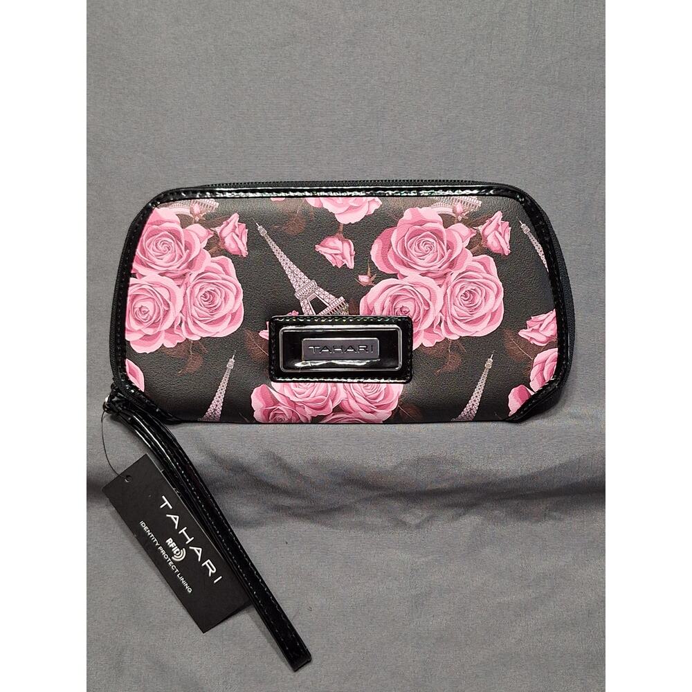 Tahari Trapazoid Zip-around Wristlet Black Paris-themed Floral Pattern
